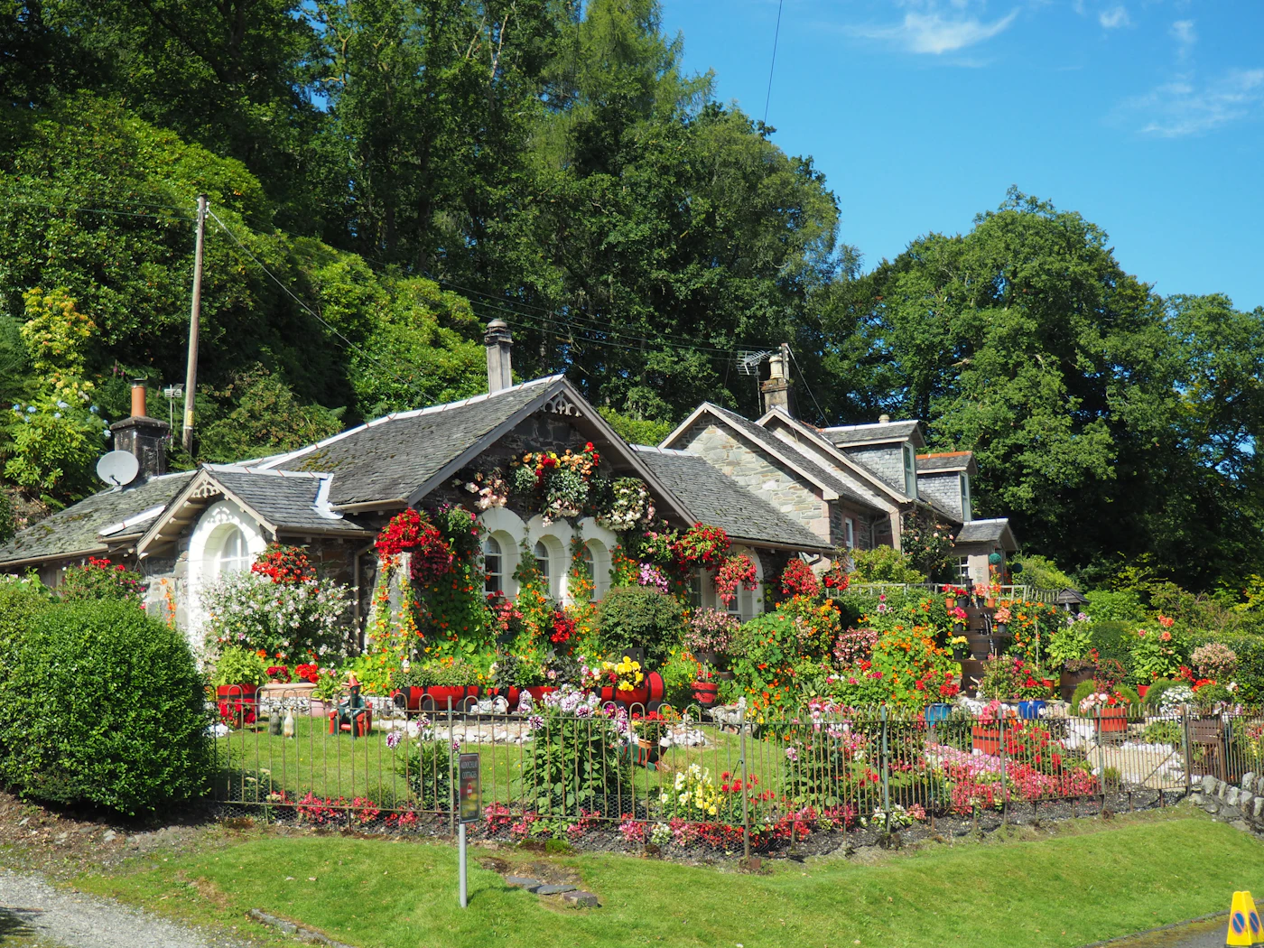 Jardin fleuri devant une maison (illustration)